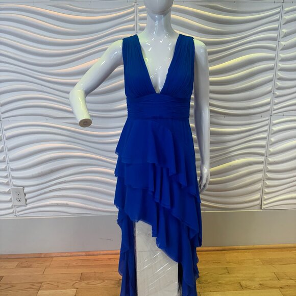Alice + Olivia Holly Low Neck Asymmetric Ruffle Maxi Dress in Blue - Picture 3 of 6